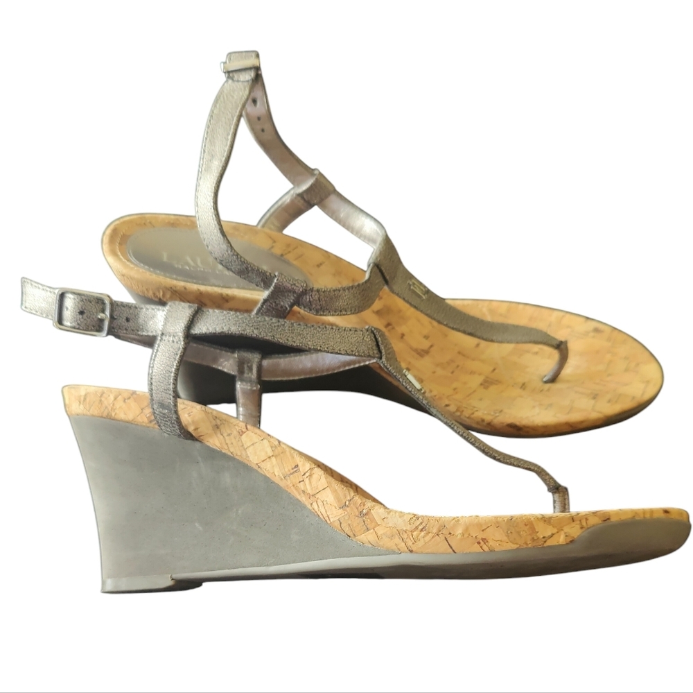 Ralph Lauren Metallic Gray Wedge T Strap Sandals